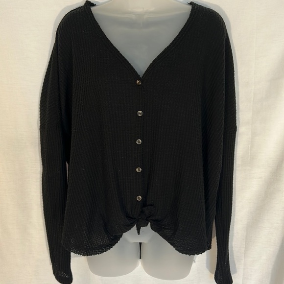 Urban Outfitters Tops - Urban Outfitters Black Button Up Waffle Weave Long Sleeve Ties at Waist